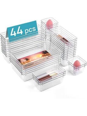 Clear Plastic Drawer Organizers Set 44pc Storage Bins Makeup Kitchen Office